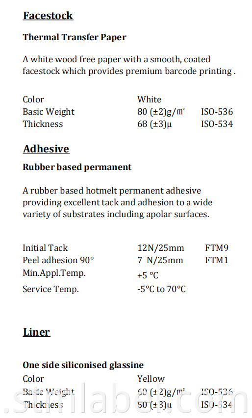 Thermal Transfer Rubber Based Permanent Yellow Glassine